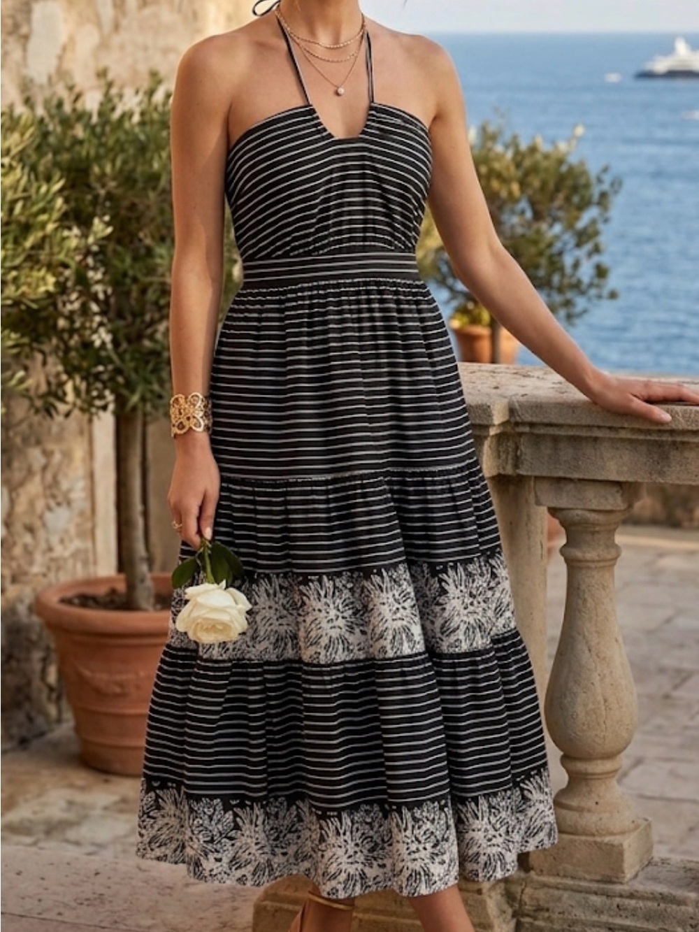 Gap Black White Striped Floral Tiered Halter Maxi Dress 8 Cotton 296122-00